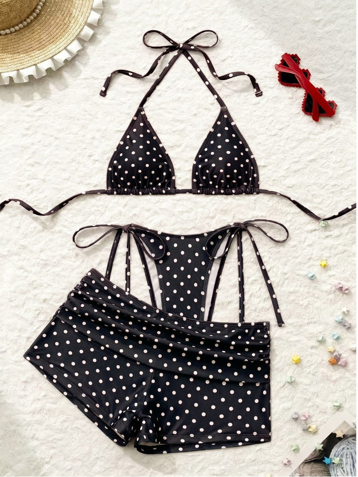 3PCS Polka Dot Halter Tie Shorts Bikini Set, vintage swimsuit, swimwear - perfect for women who love vintage and retro fashion