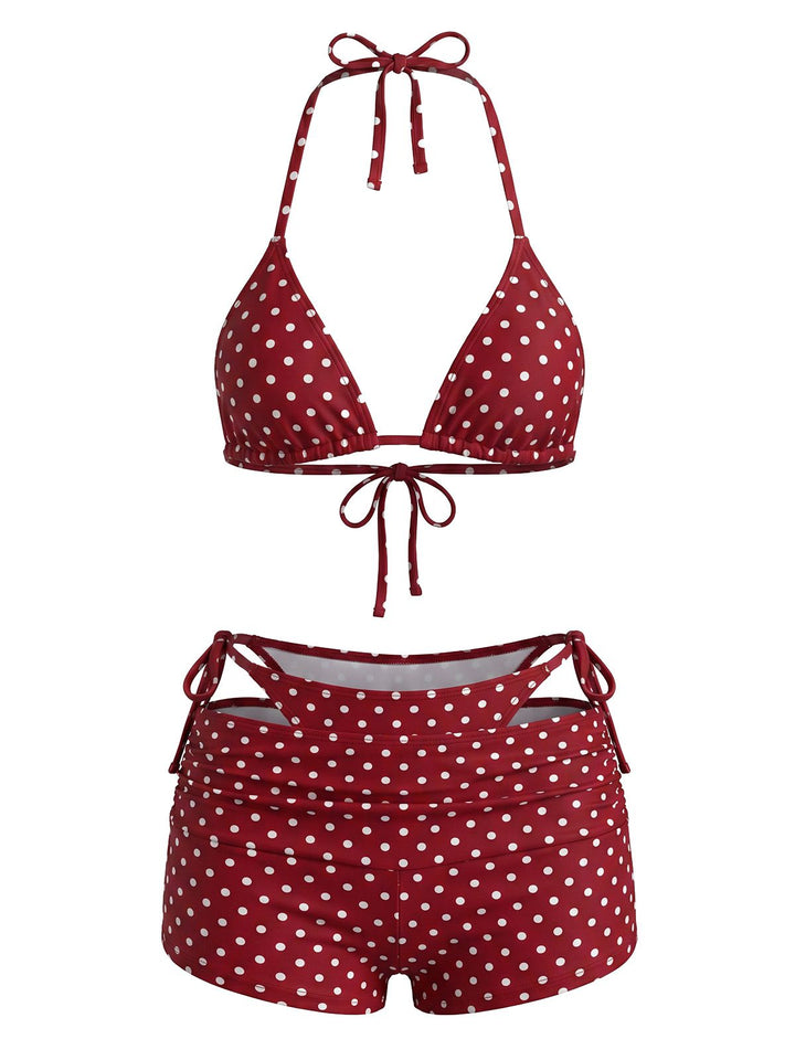 3PCS Polka Dot Halter Tie Shorts Bikini Set, vintage swimsuit, swimwear - perfect for women who love vintage and retro fashion