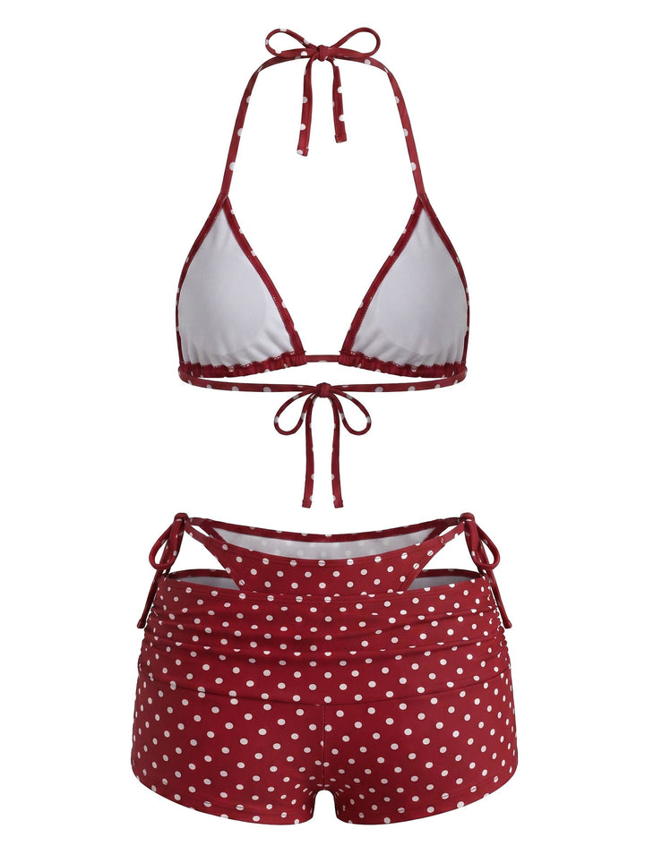 3PCS Polka Dot Halter Tie Shorts Bikini Set, vintage swimsuit, swimwear - perfect for women who love vintage and retro fashion