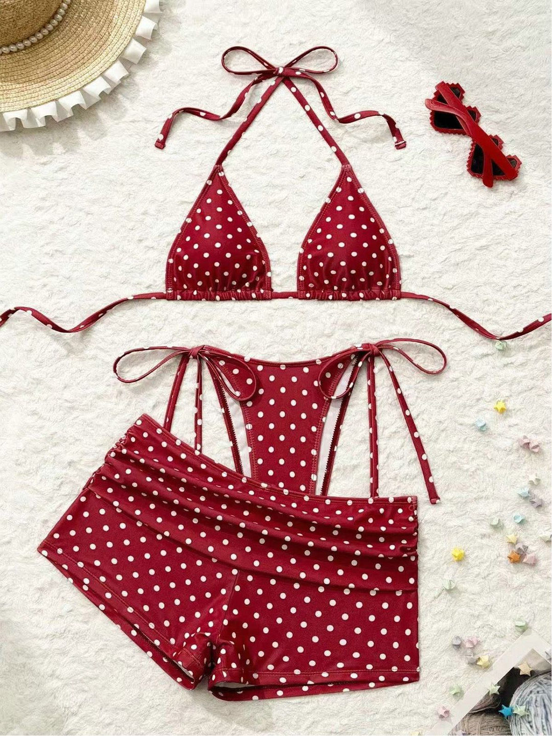 3PCS Polka Dot Halter Tie Shorts Bikini Set, vintage swimsuit, swimwear - perfect for women who love vintage and retro fashion
