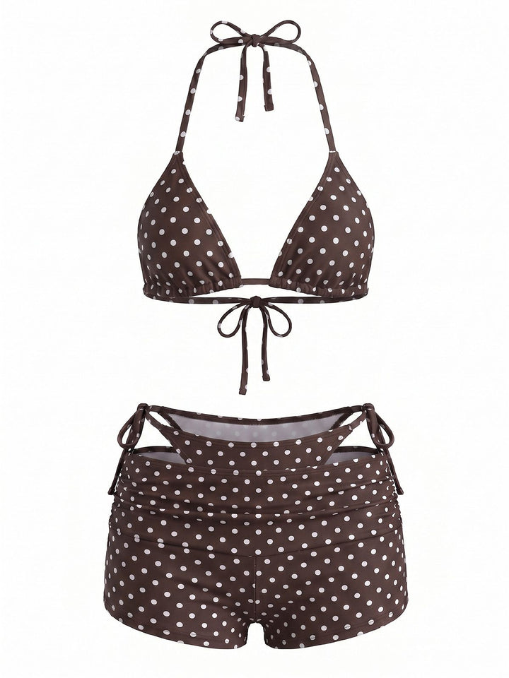 3PCS Polka Dot Halter Tie Shorts Bikini Set, vintage swimsuit, swimwear - perfect for women who love vintage and retro fashion