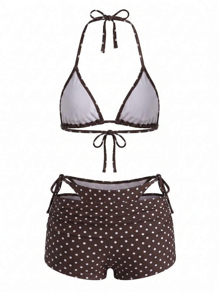 3PCS Polka Dot Halter Tie Shorts Bikini Set, vintage swimsuit, swimwear - perfect for women who love vintage and retro fashion