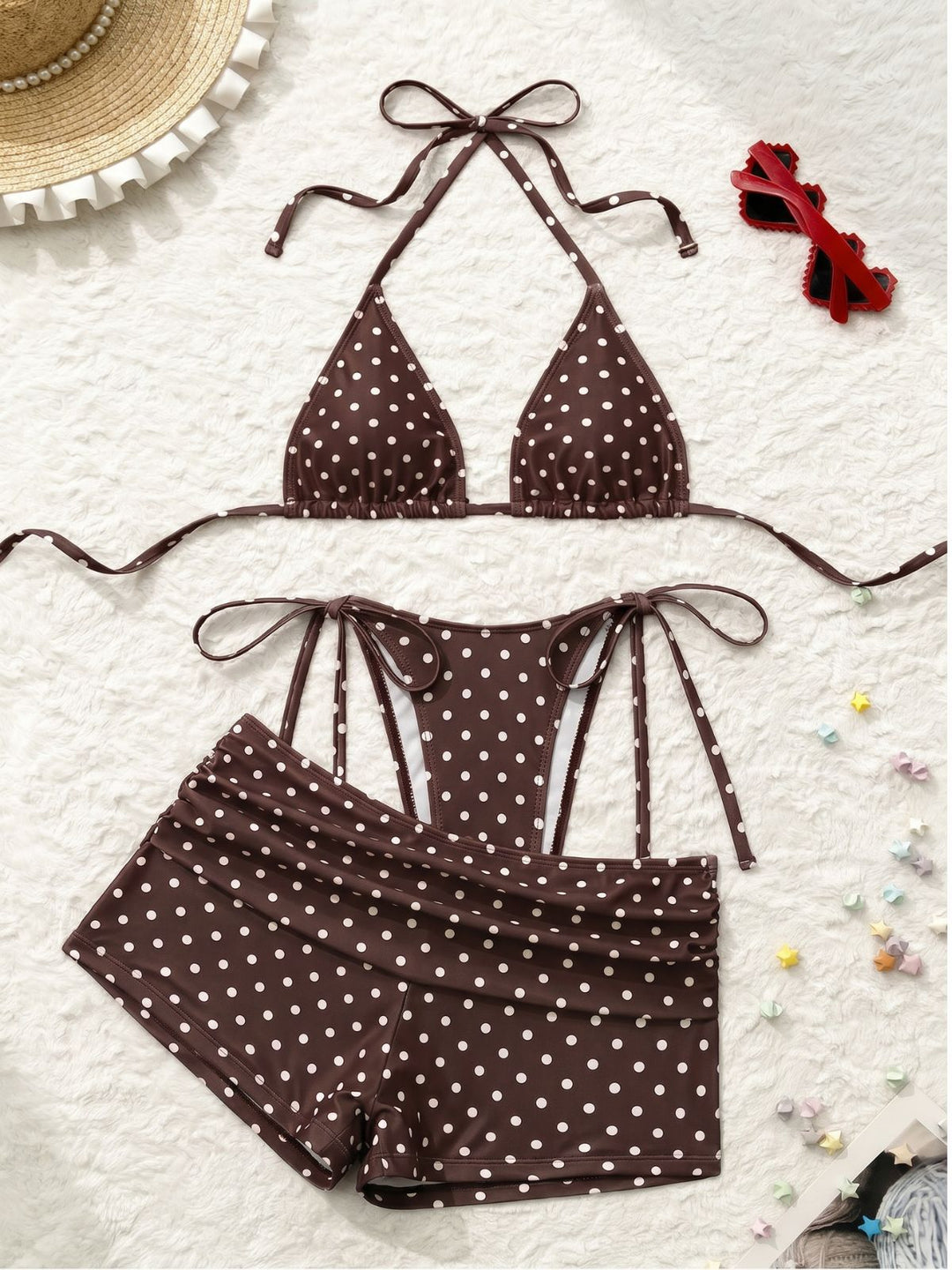 3PCS Polka Dot Halter Tie Shorts Bikini Set, vintage swimsuit, swimwear - perfect for women who love vintage and retro fashion