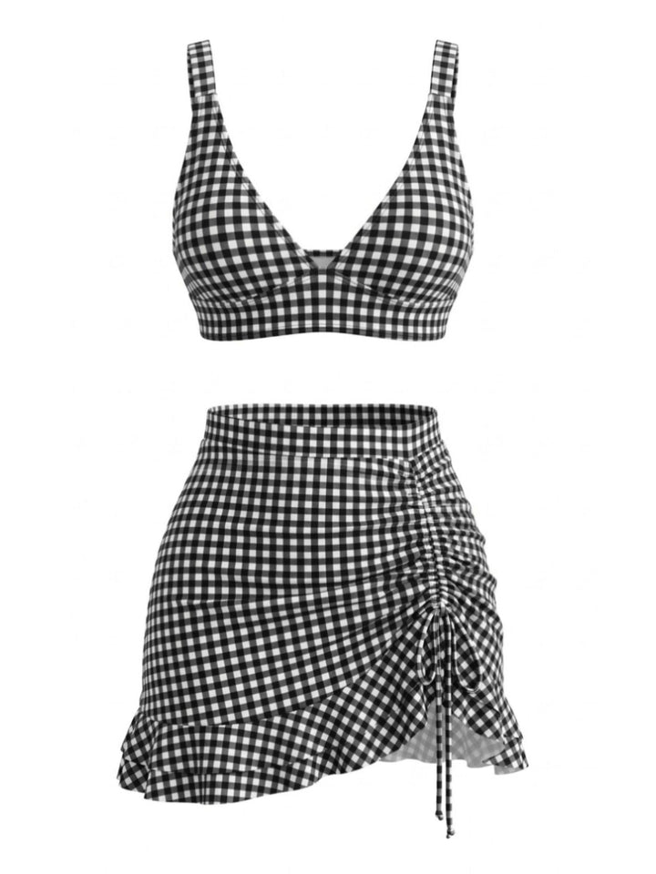 3PCS 1950s Ruffled Hem Plaid Drawstring Tankini Set: beautiful vintage fashion, retro style, classic elegance with timeless appeal