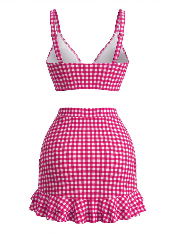 3PCS 1950s Ruffled Hem Plaid Drawstring Tankini Set: beautiful vintage fashion, retro style, classic elegance with timeless appeal