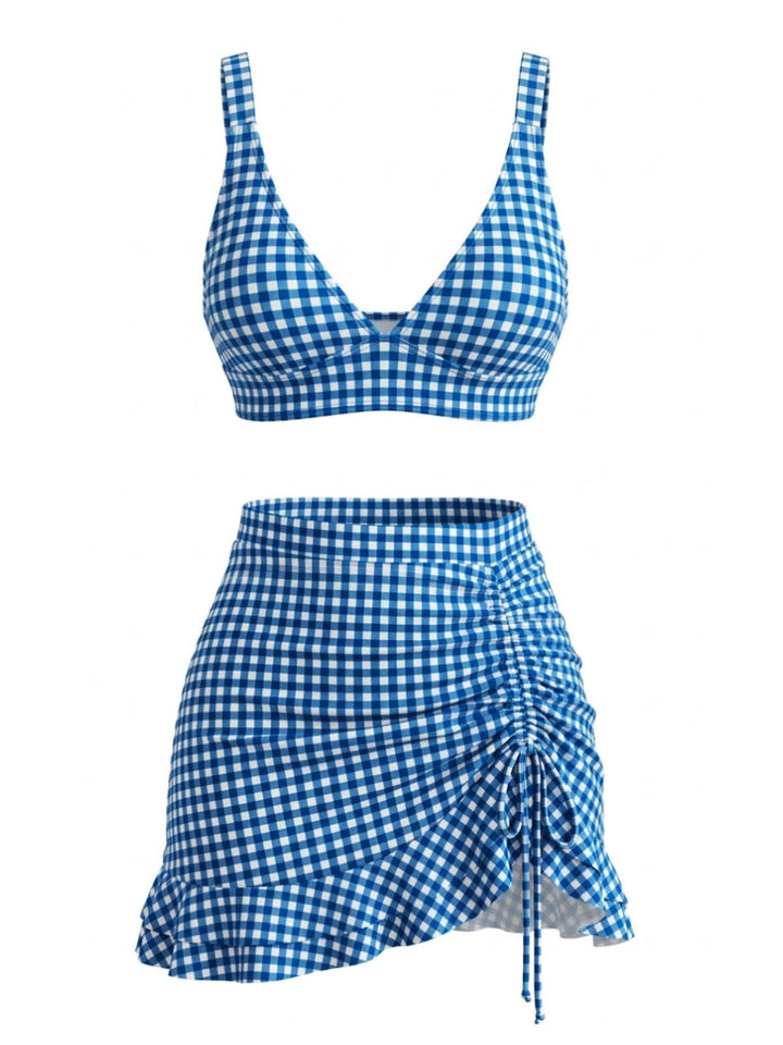 3PCS 1950s Ruffled Hem Plaid Drawstring Tankini Set | vintage fashion, retro style, classic elegance - perfect for retro fashion enthusiasts