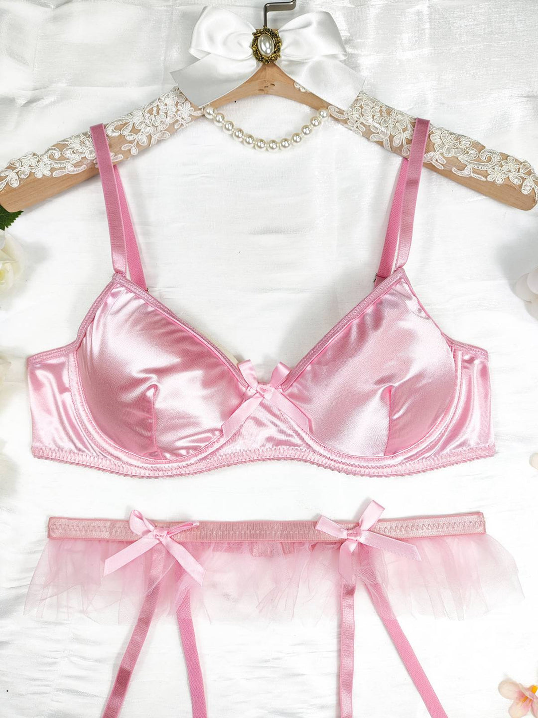 3PCS Satin Garter Belt Lingerie Sets - vintage fashion, retro style