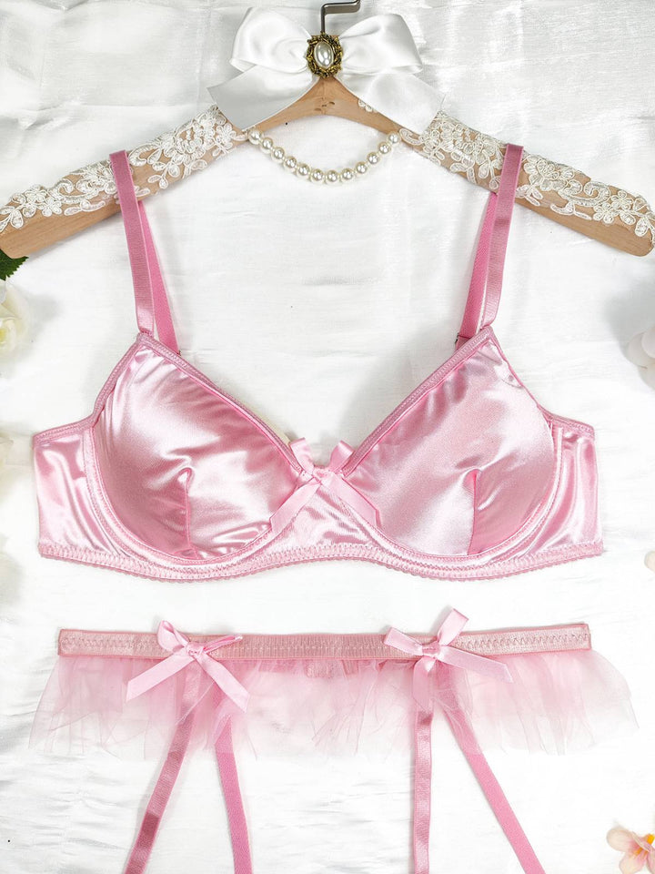 3PCS Satin Garter Belt Lingerie Sets - vintage fashion, retro style