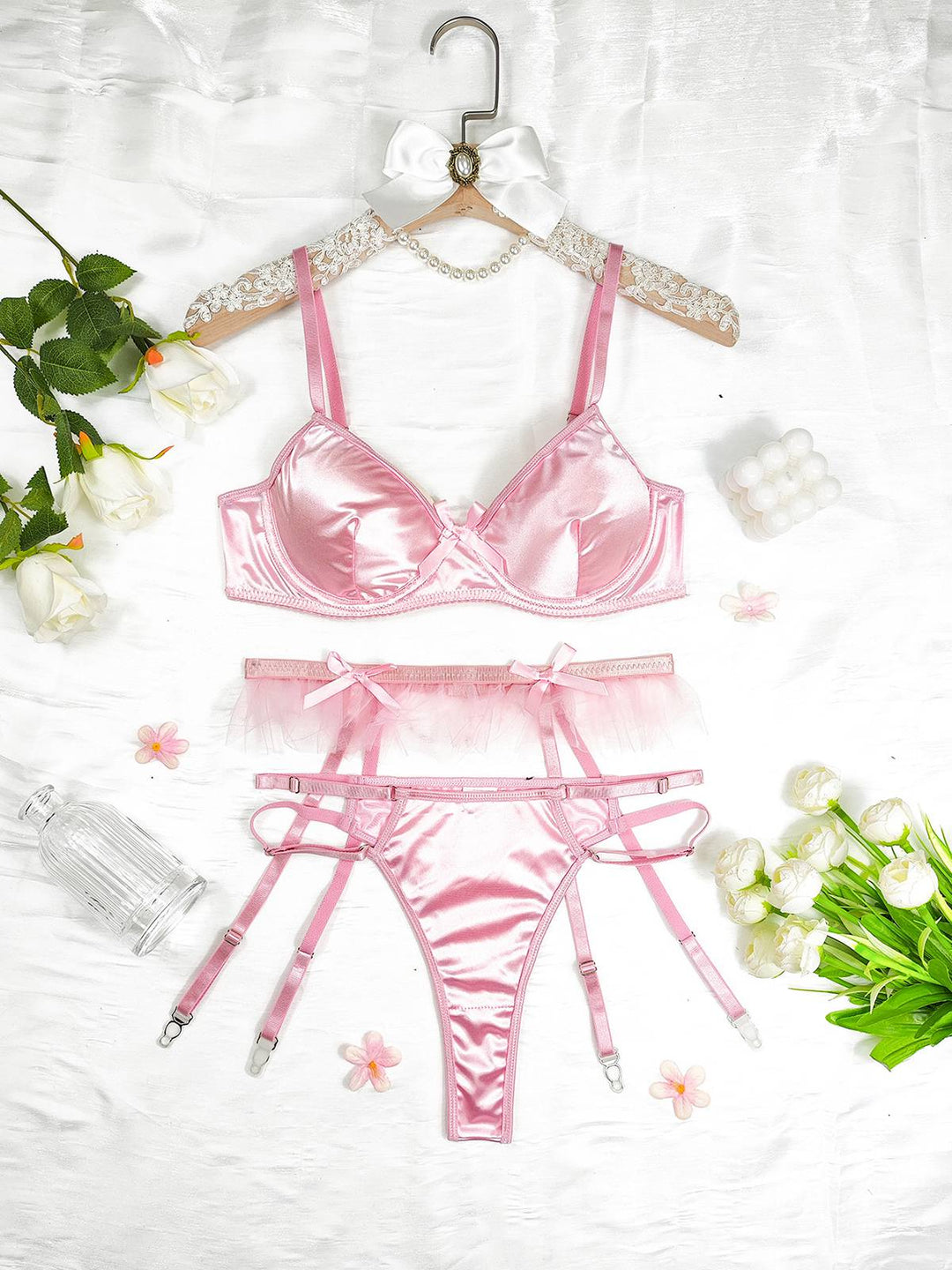 3PCS Satin Garter Belt Lingerie Sets - vintage fashion, retro style