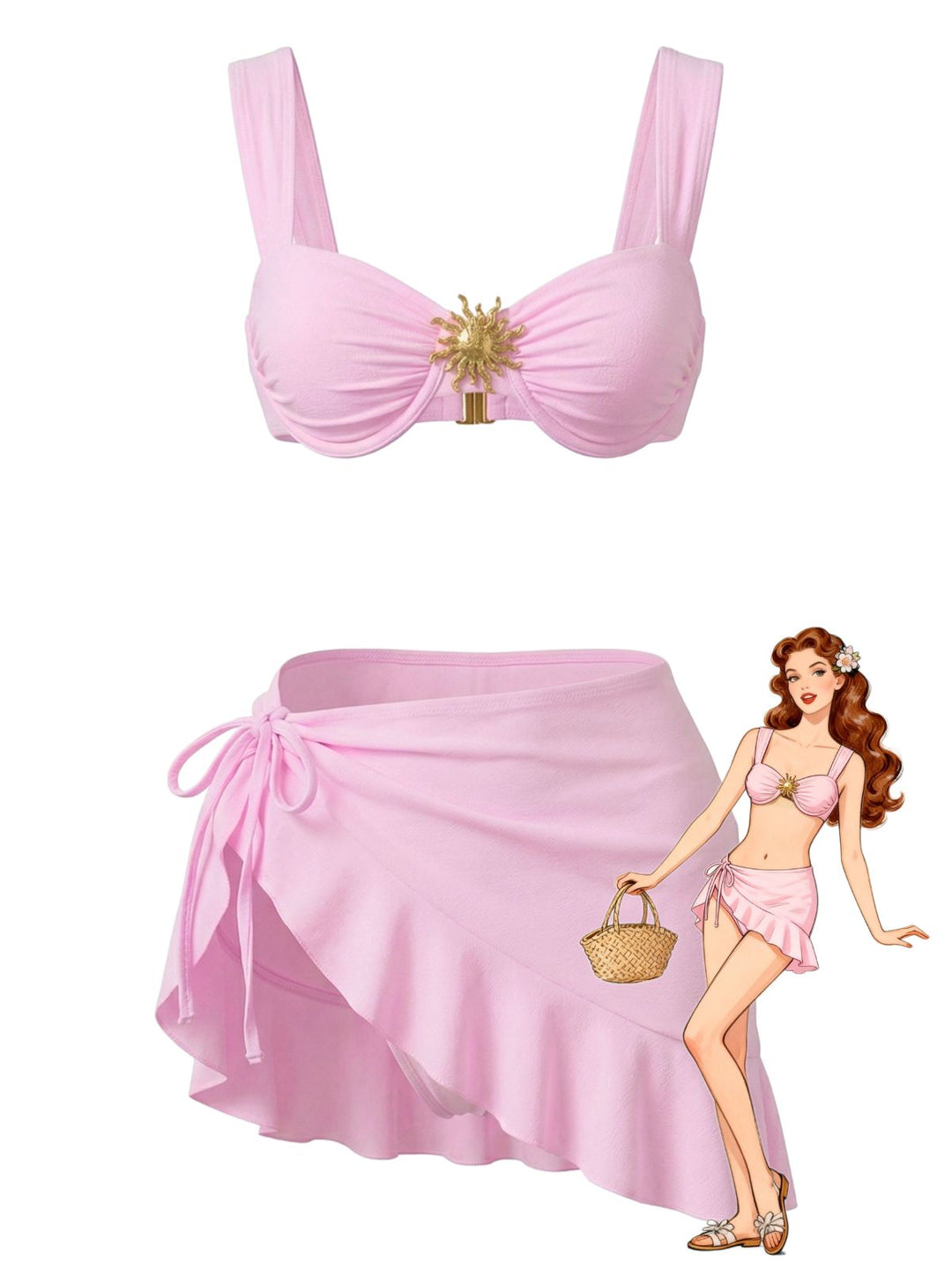 3PCS 1950s Solid Metal Sun Chain Accent Bikini Set &amp; Cover-Up - vintage swimwear, retro swimsuit, pin-up style for vintage lovers