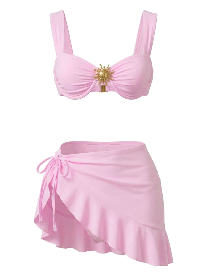 3PCS 1950s Solid Metal Sun Chain Accent Bikini Set &amp; Cover-Up: beautiful vintage swimwear, retro swimsuit, pin-up style with timeless appeal