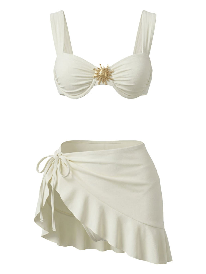 3PCS 1950s Solid Metal Sun Chain Accent Bikini Set &amp; Cover-Up | vintage swimwear, retro swimsuit, pin-up style - perfect for retro fashion enthusiasts
