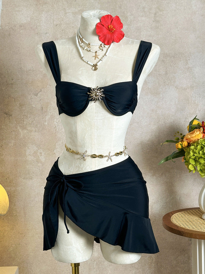 3PCS 1950s Solid Metal Sun Chain Accent Bikini Set &amp; Cover-Up | vintage swimwear, retro swimsuit, pin-up style - perfect for retro fashion enthusiasts