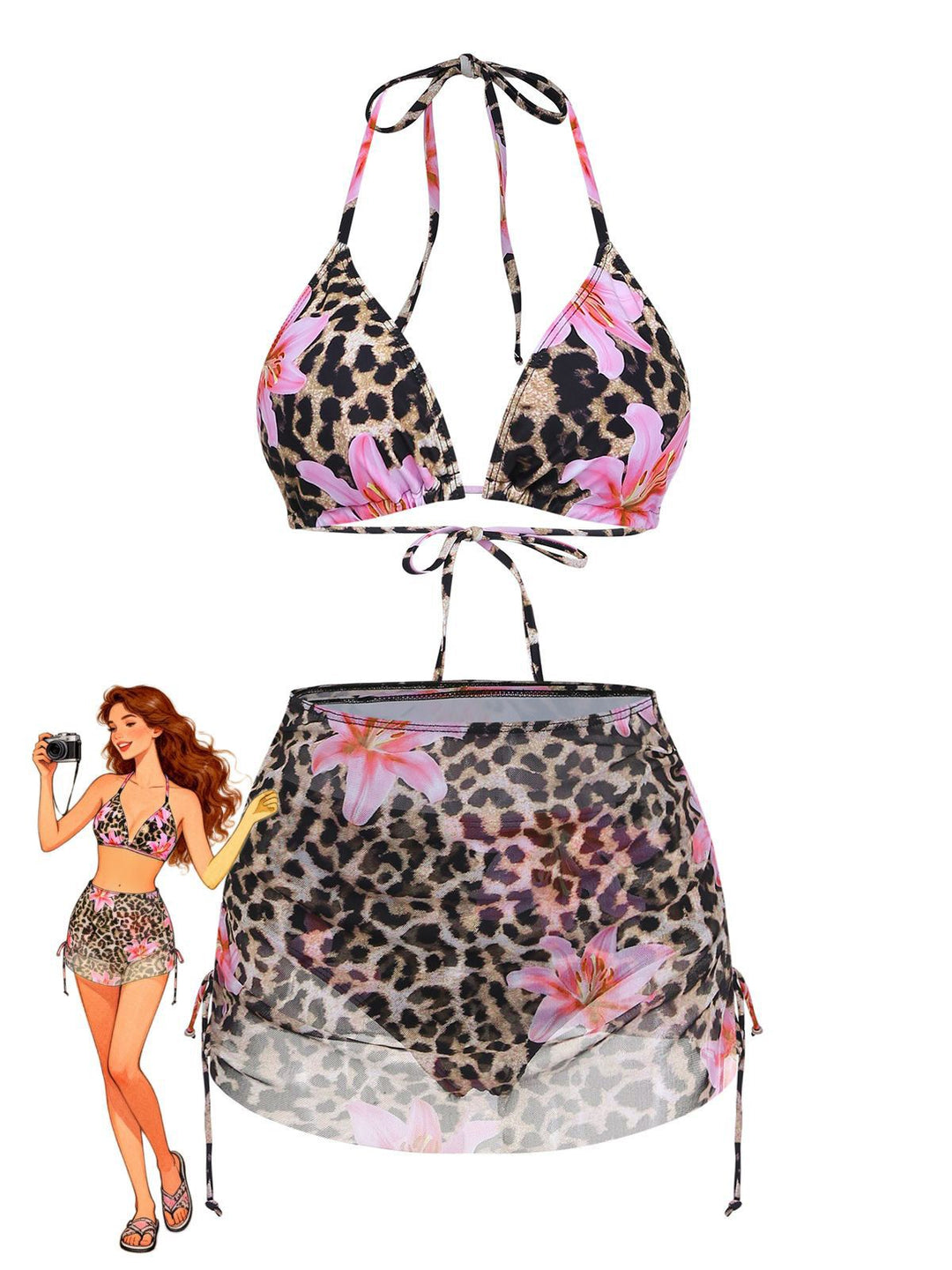 3PCS 1960s Leopard Print Floral Bikini Set - vintage fashion, retro style