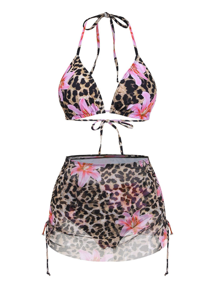 3PCS 1960s Leopard Print Floral Bikini Set - vintage fashion, retro style