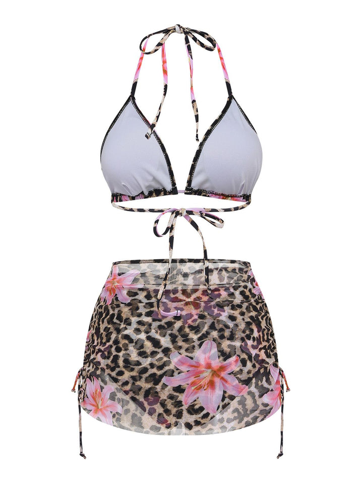 3PCS 1960s Leopard Print Floral Bikini Set - vintage fashion, retro style