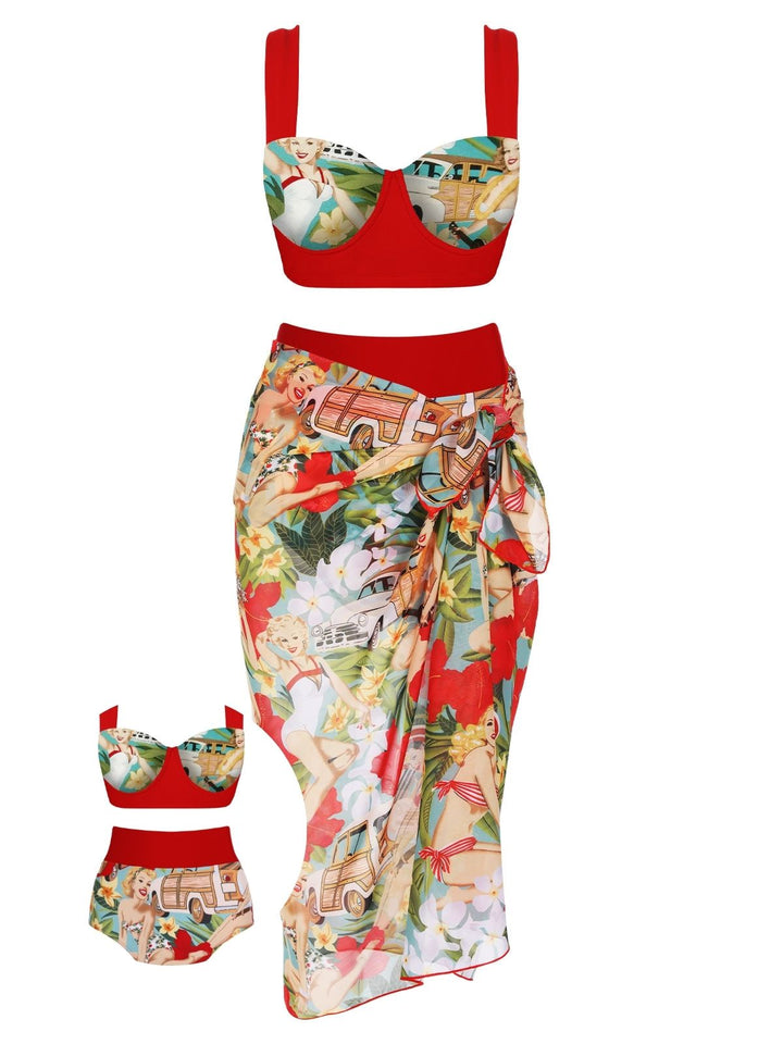 3PCS Red Retro Lady Bikini Set: timeless style reimagined