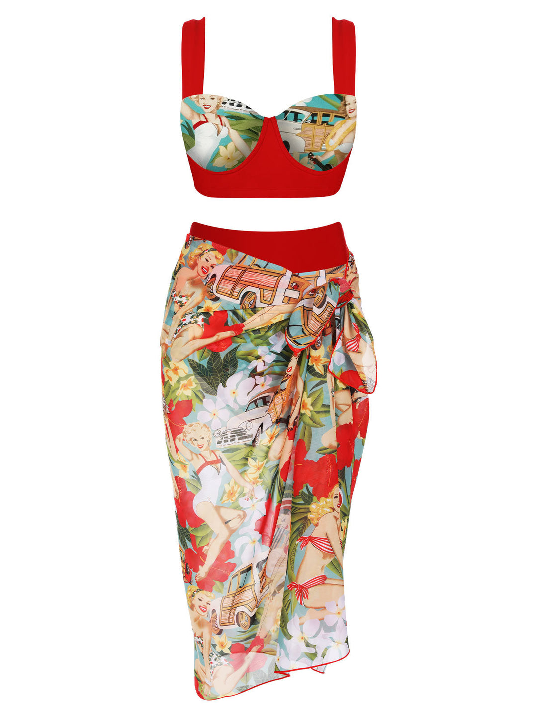 3PCS Red Retro Lady Bikini Set — vintage elegance for the modern woman