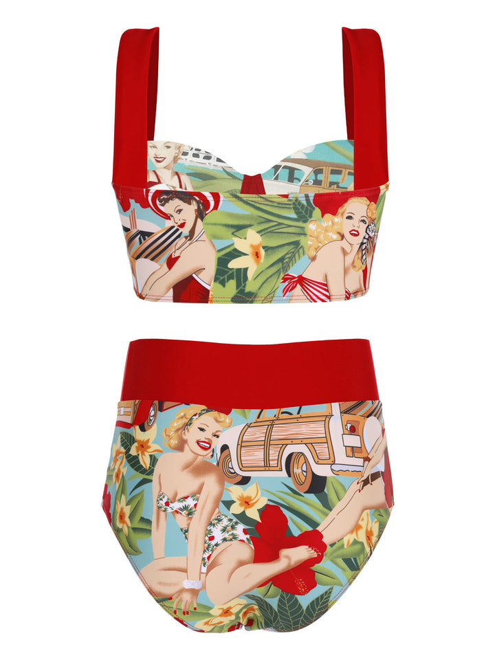 3PCS Red Retro Lady Bikini Set: timeless style reimagined