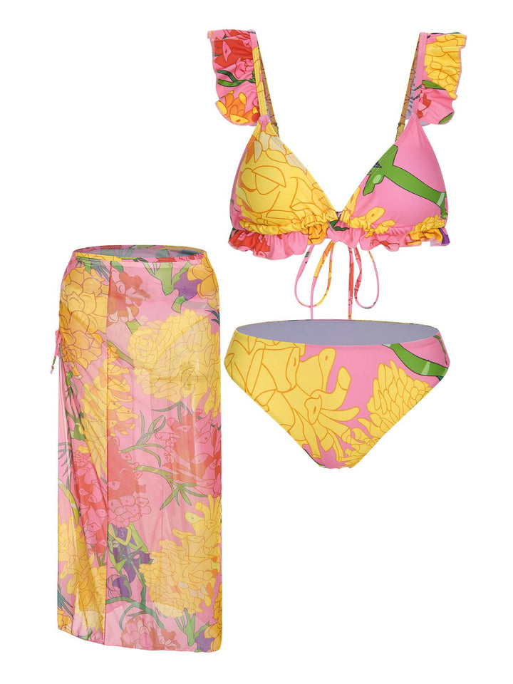 3PCS 1970s Pink Floral Swimsuit Set, vintage swimsuit, pin-up swimwear - perfect for women who love vintage and retro fashion
