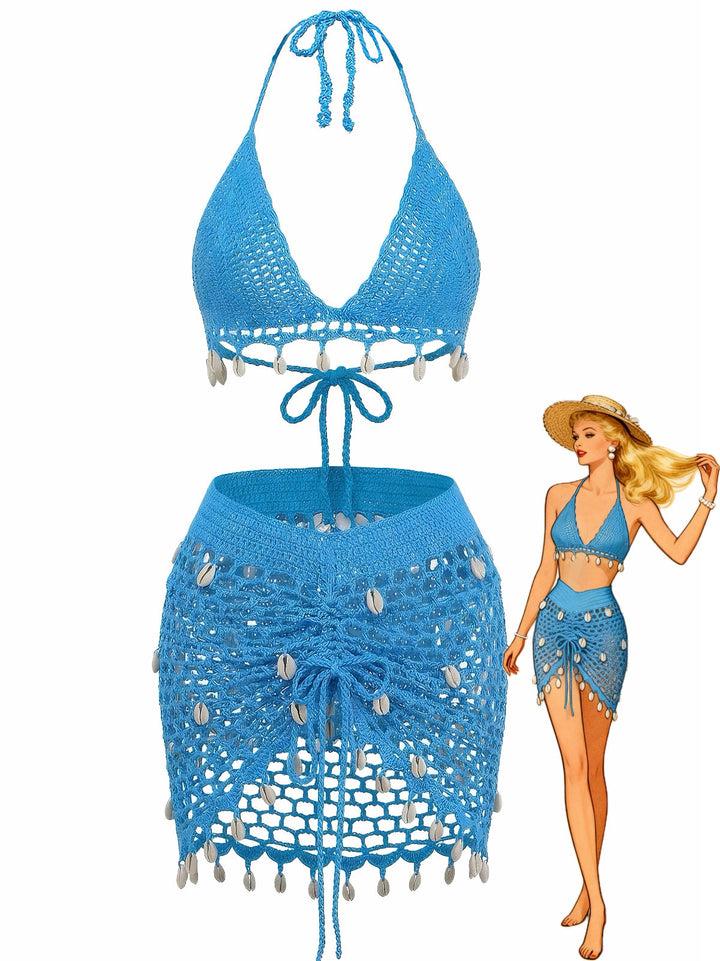 3PCS 1970s Shell Crochet Halter Bikini Set &amp; Cover-Up - vintage swimwear, retro swimsuit, pin-up style for vintage lovers