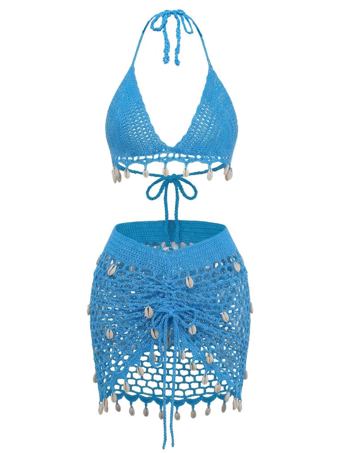 3PCS 1970s Shell Crochet Halter Bikini Set &amp; Cover-Up: beautiful vintage swimwear, retro swimsuit, pin-up style with timeless appeal