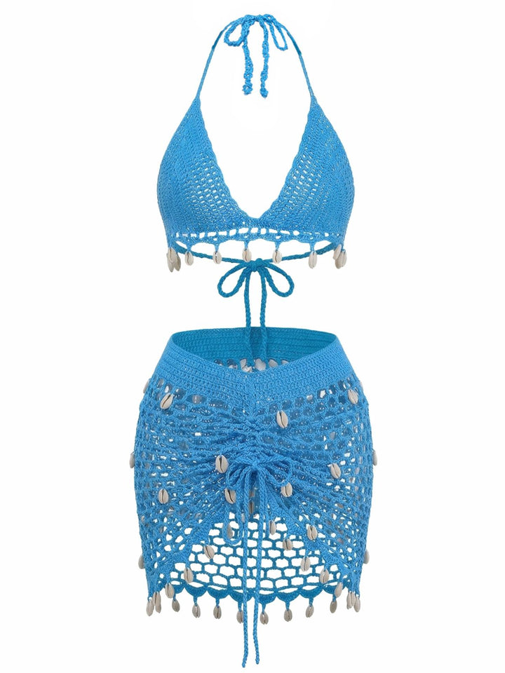 3PCS 1970s Shell Crochet Halter Bikini Set &amp; Cover-Up: beautiful vintage swimwear, retro swimsuit, pin-up style with timeless appeal