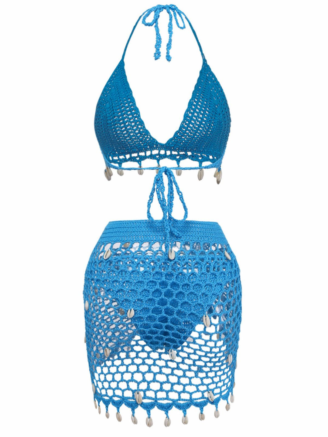 3PCS 1970s Shell Crochet Halter Bikini Set &amp; Cover-Up | vintage swimwear, retro swimsuit, pin-up style - perfect for retro fashion enthusiasts