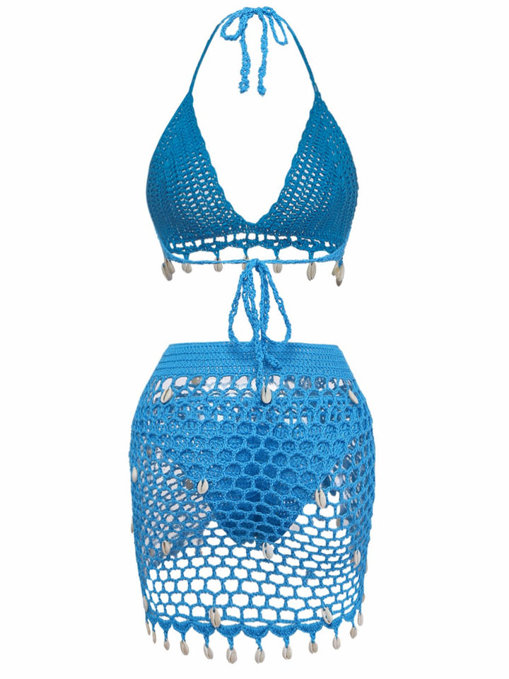 3PCS 1970s Shell Crochet Halter Bikini Set &amp; Cover-Up | vintage swimwear, retro swimsuit, pin-up style - perfect for retro fashion enthusiasts