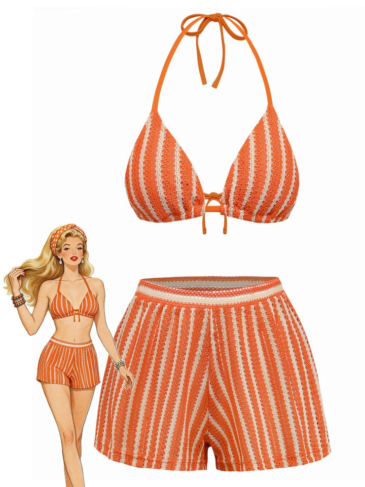 3PCS 1970s Striped Knit Boho Bikini Set &amp; Cover-Up - vintage fashion, retro style