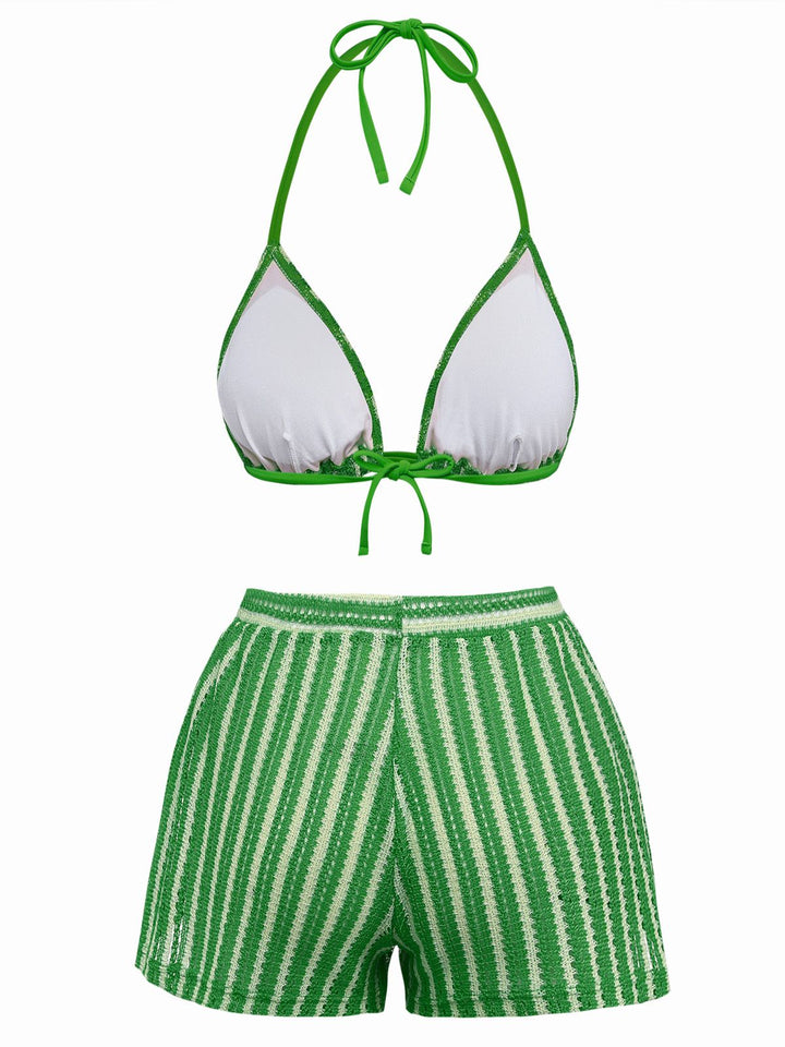 3PCS 1970s Striped Knit Boho Bikini Set &amp; Cover-Up - vintage fashion, retro style