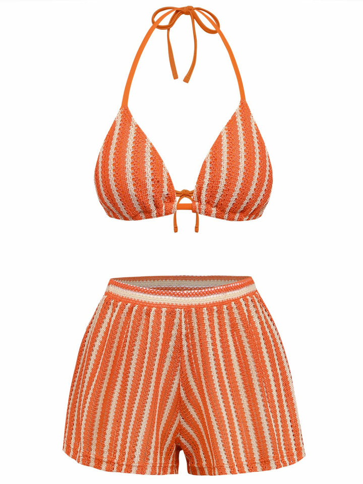 3PCS 1970s Striped Knit Boho Bikini Set &amp; Cover-Up - vintage fashion, retro style