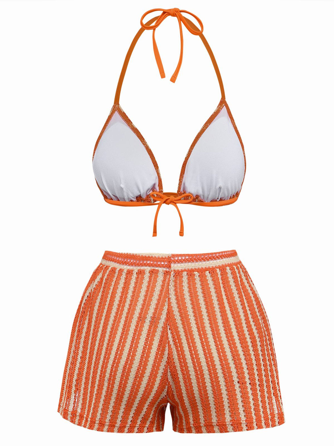 3PCS 1970s Striped Knit Boho Bikini Set &amp; Cover-Up - vintage fashion, retro style