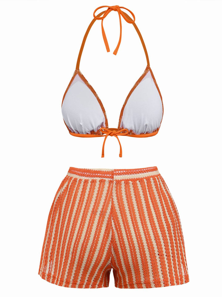 3PCS 1970s Striped Knit Boho Bikini Set &amp; Cover-Up - vintage fashion, retro style
