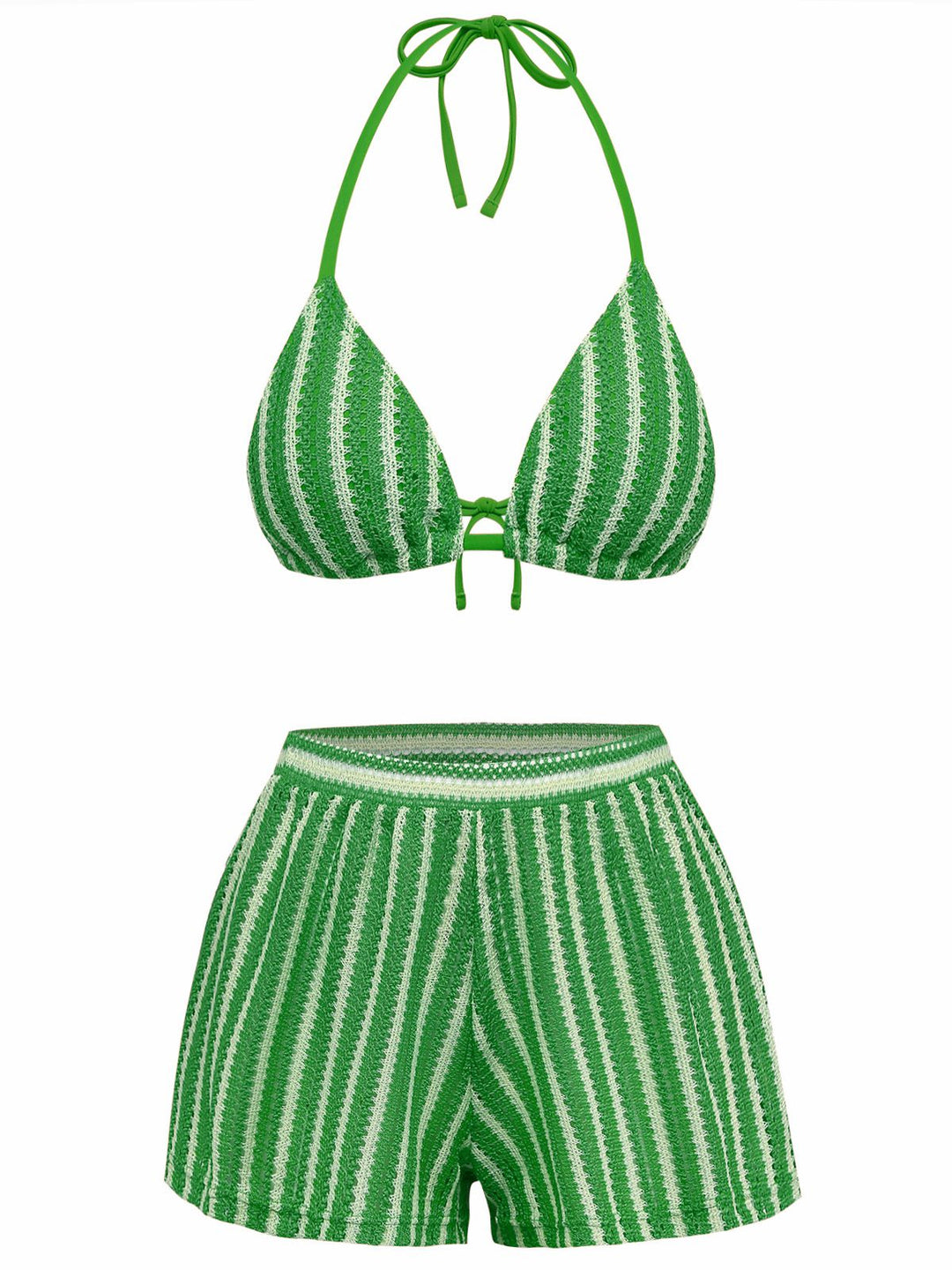 3PCS 1970s Striped Knit Boho Bikini Set &amp; Cover-Up - vintage fashion, retro style