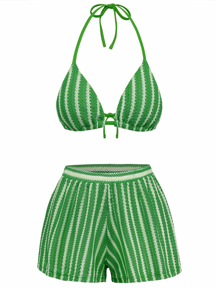 3PCS 1970s Striped Knit Boho Bikini Set &amp; Cover-Up - vintage fashion, retro style