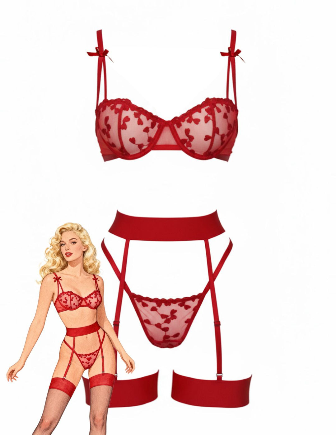 3PCS Lace Bow Detail Lingerie Set - vintage fashion, retro style