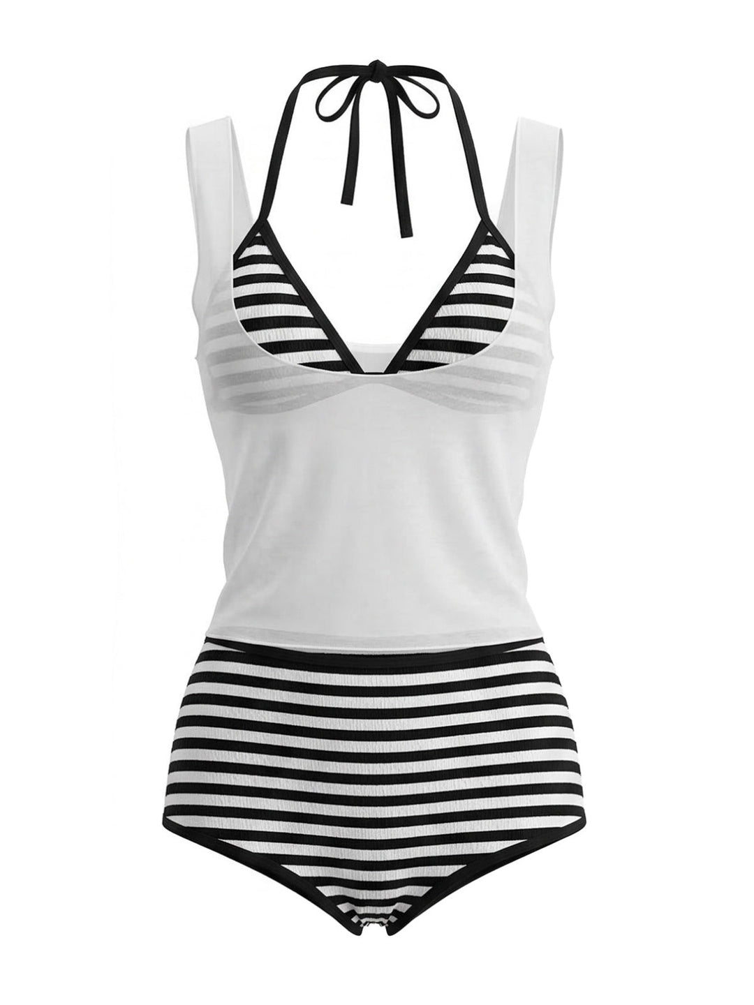 3PCS 1980s Striped Bikini Set &amp; Sheer Cover-Up Tank - vintage swimwear, retro swimsuit, pin-up style for vintage lovers