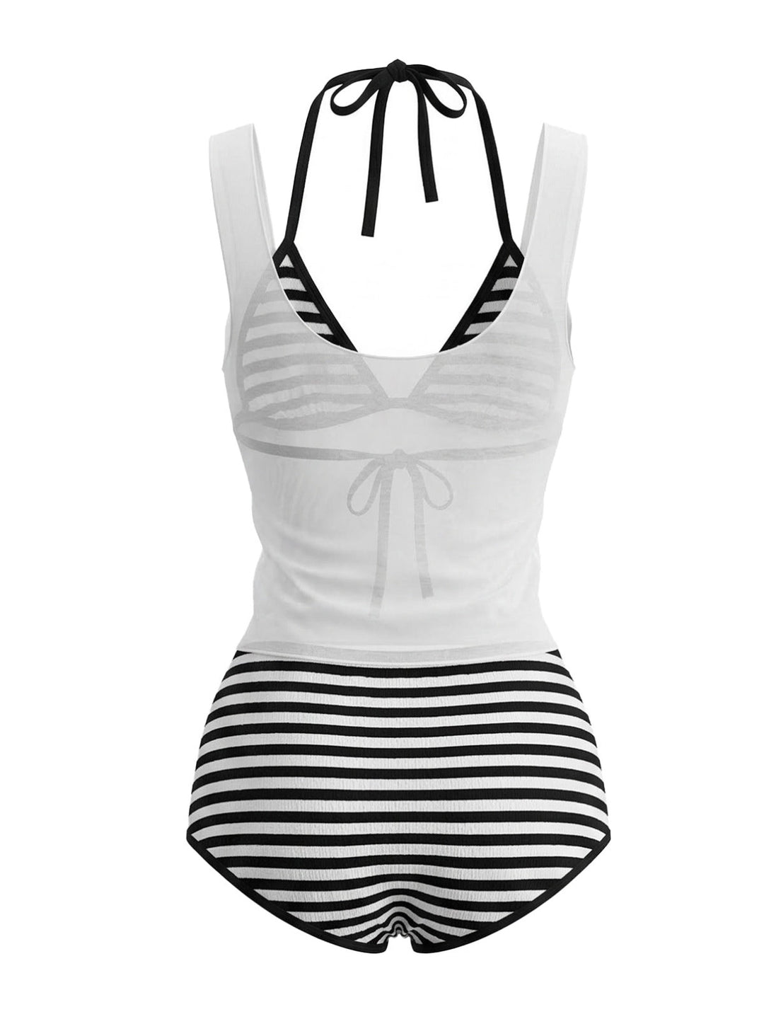 3PCS 1980s Striped Bikini Set &amp; Sheer Cover-Up Tank: beautiful vintage swimwear, retro swimsuit, pin-up style with timeless appeal