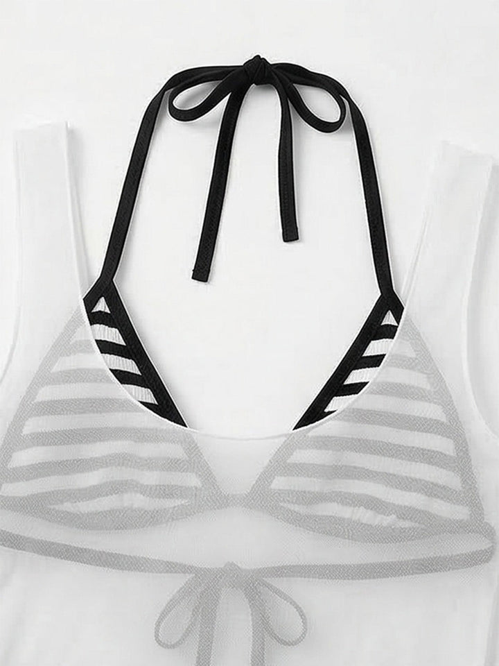 3PCS 1980s Striped Bikini Set &amp; Sheer Cover-Up Tank - vintage swimwear, retro swimsuit, pin-up style for vintage lovers