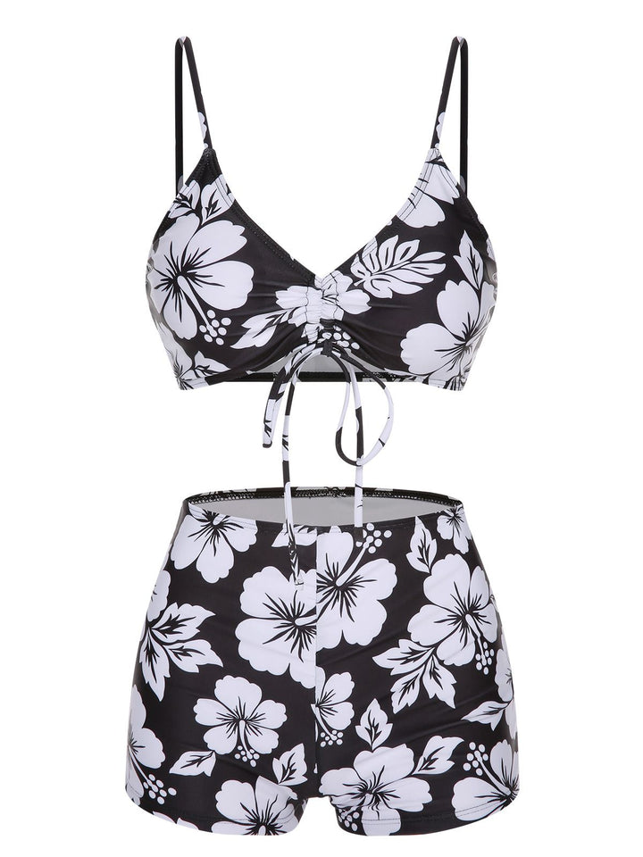 3PCS Black 1950s Flowers Swimsuit &amp; Cover-Up, vintage swimsuit, pin-up swimwear - perfect for women who love vintage and retro fashion