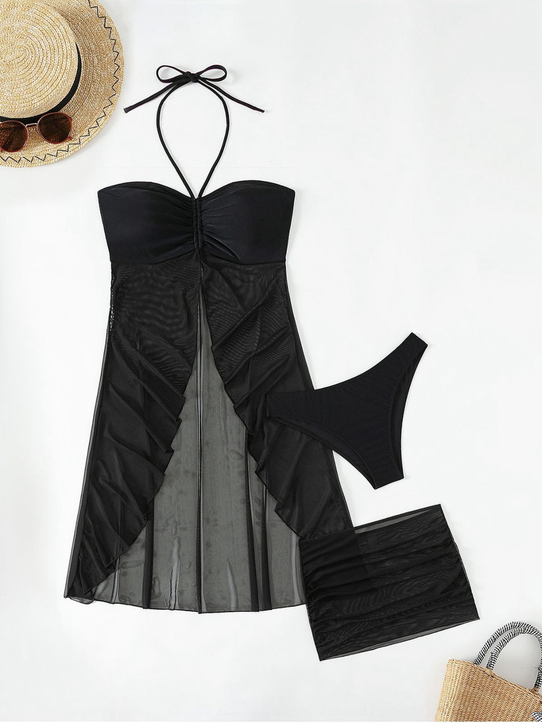 This 3PCS Black 1950s Solid Halter Bikini Set &amp; Cover-Up carries 1950s vacation dreams in every stitch