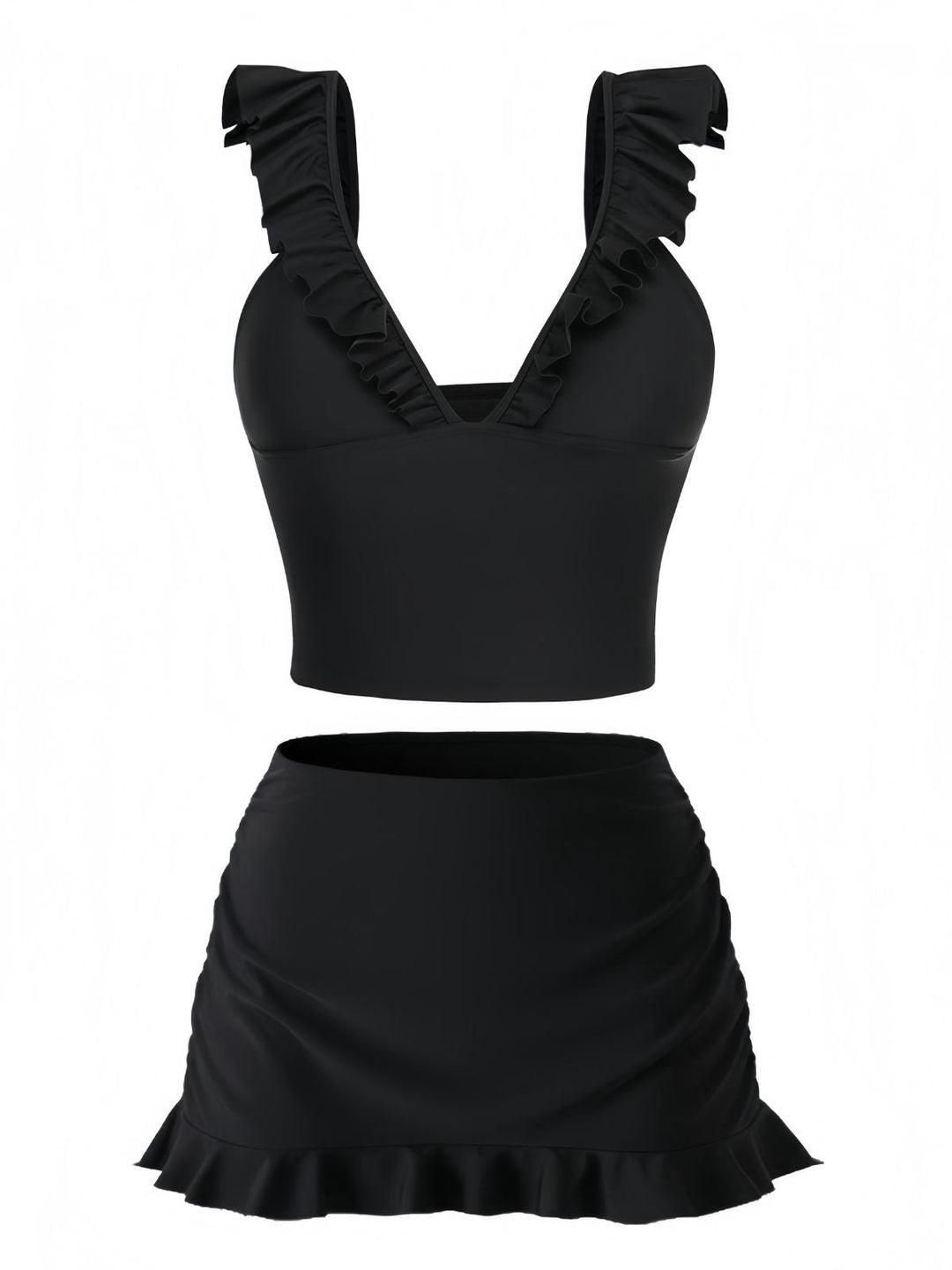 3PCS Black 1950s V-Neck Ruffled Bikini Skirt: beautiful vintage skirt, retro style, swing skirt with timeless appeal