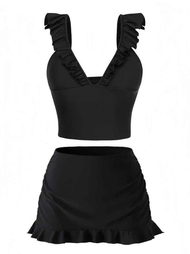3PCS Black 1950s V-Neck Ruffled Bikini Skirt: beautiful vintage skirt, retro style, swing skirt with timeless appeal