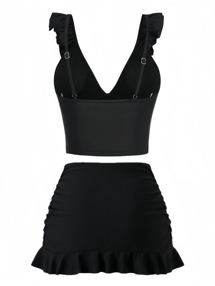 3PCS Black 1950s V-Neck Ruffled Bikini Skirt | vintage skirt, retro style, swing skirt - perfect for retro fashion enthusiasts
