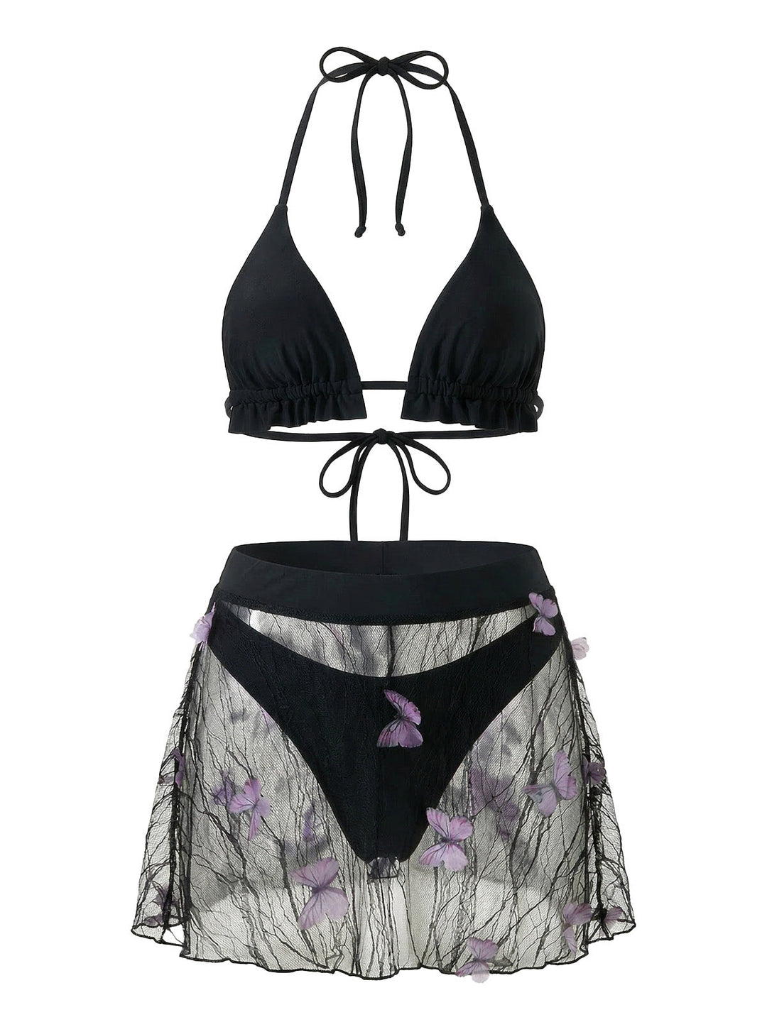 3PCS Black 1980s Butterfly Mesh Bikini Set &amp; Cover-Up - vintage swimwear, retro swimsuit, pin-up style for vintage lovers