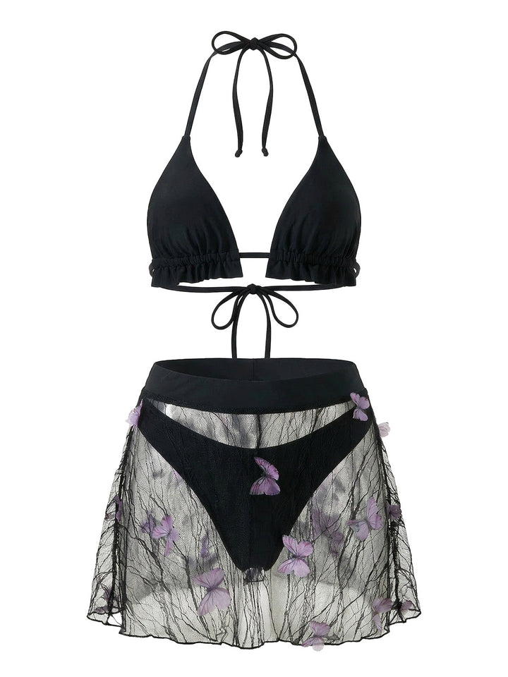 3PCS Black 1980s Butterfly Mesh Bikini Set &amp; Cover-Up - vintage swimwear, retro swimsuit, pin-up style for vintage lovers