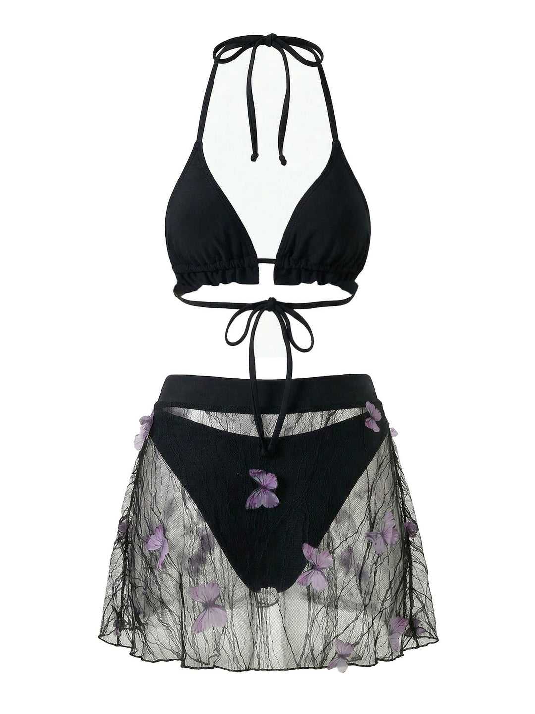 3PCS Black 1980s Butterfly Mesh Bikini Set &amp; Cover-Up | vintage swimwear, retro swimsuit, pin-up style - perfect for retro fashion enthusiasts