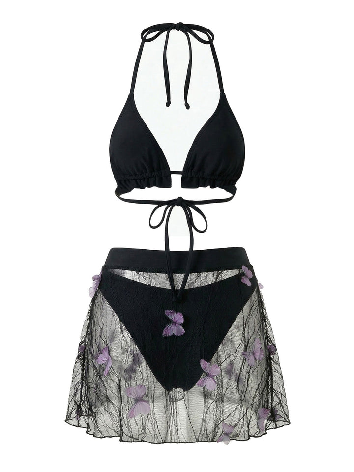 3PCS Black 1980s Butterfly Mesh Bikini Set &amp; Cover-Up | vintage swimwear, retro swimsuit, pin-up style - perfect for retro fashion enthusiasts