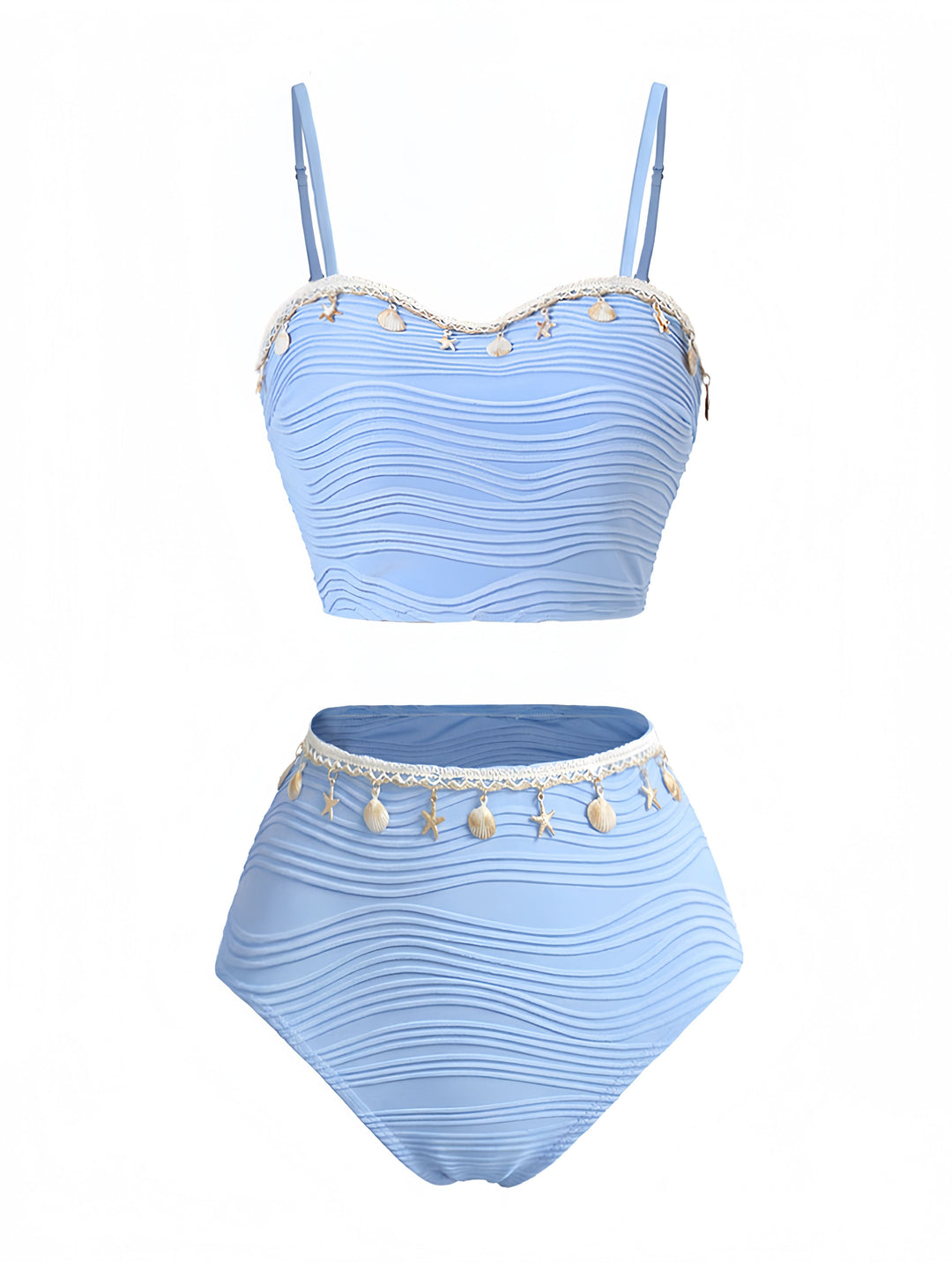 3PCS Blue 1940s Shell Special Fabric Bikini Set | vintage swimwear, retro swimsuit, pin-up style - perfect for retro fashion enthusiasts